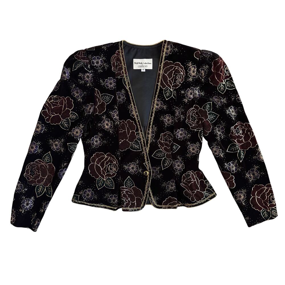 Nah Nah Collection Velvet Floral Bolero Blazer Jacket 6‎ Black Gold Boho Vintage